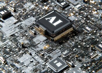 Close-up of a computer chip labeled AI on a circuit board, representing artificial intelligence agents