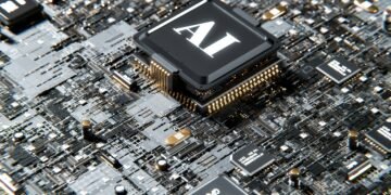 Close-up of a computer chip labeled AI on a circuit board, representing artificial intelligence agents