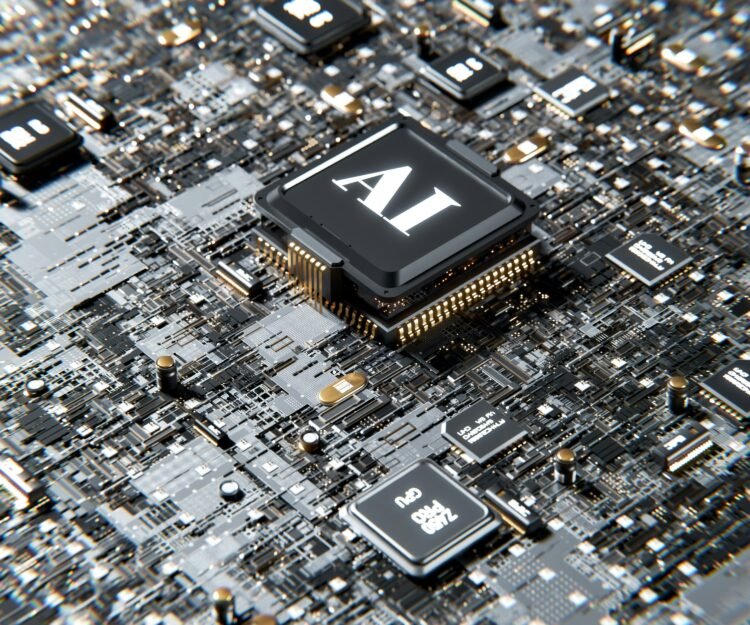 Close-up of a computer chip labeled AI on a circuit board, representing artificial intelligence agents